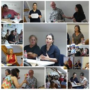 Eine Collage zeigt verschiedene Szenen der Veranstaltung. Personen halten Vorträge, diskutieren in Gruppen und nehmen an Präsentationen teil. Das Bild vermittelt einen Eindruck von Austausch und gemeinsamer Arbeit.